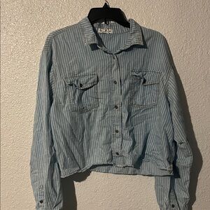 Blue Striped Women's Crop Button Down